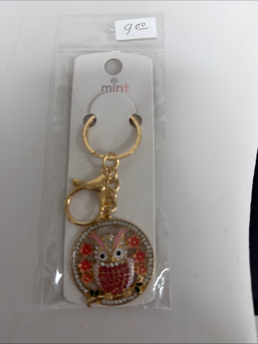 Mint Gold-Tone Owl Key & Card Holder with Pink and Red Accents